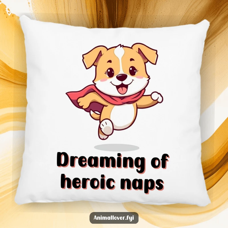 Funny Dog Pillow featuring a dog in a cape, running with boundless energy, perfect for adding cozy humor.