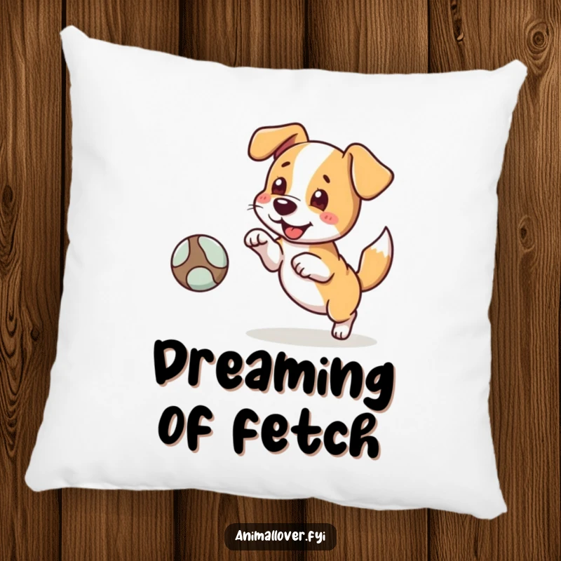 Funny pillow featuring a dog character happily fetching a ball, tail wagging, offering cozy comfort and playful canine charm.