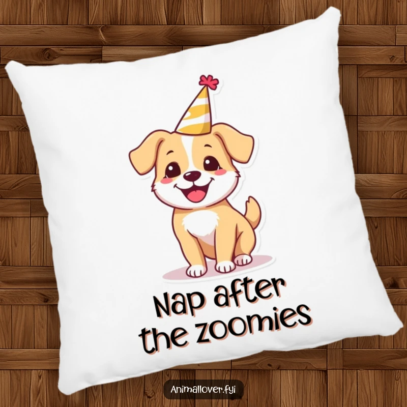 Funny happy dog pillow wearing a tiny party hat, happily spinning around, offering cozy comfort and festive cheer.