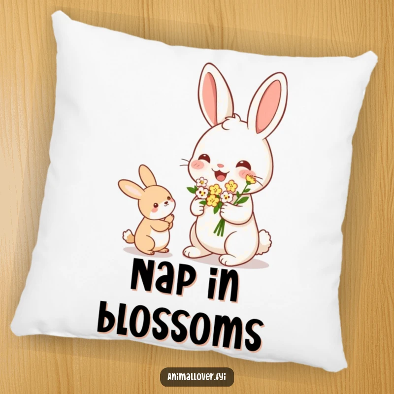 Funny Rabbit Pillow: A soft decorative pillow featuring a cheerful rabbit holding a bouquet of tiny flowers to offer.