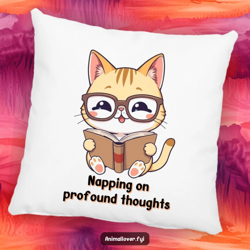 Funny decorative pillow with a gleeful cat wearing glasses, engrossed in reading a book, perfect for comfort and humor.