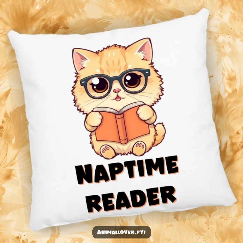 Funny Pillow design of a fluffy cat in glasses holding a book upside down, embodying cozy, intellectual silliness.