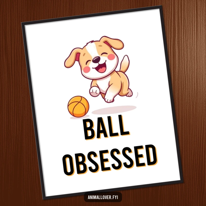 Funny Digital Art Print of a playful dog with a wagging tail enthusiastically chasing a bouncing ball, full of energy.