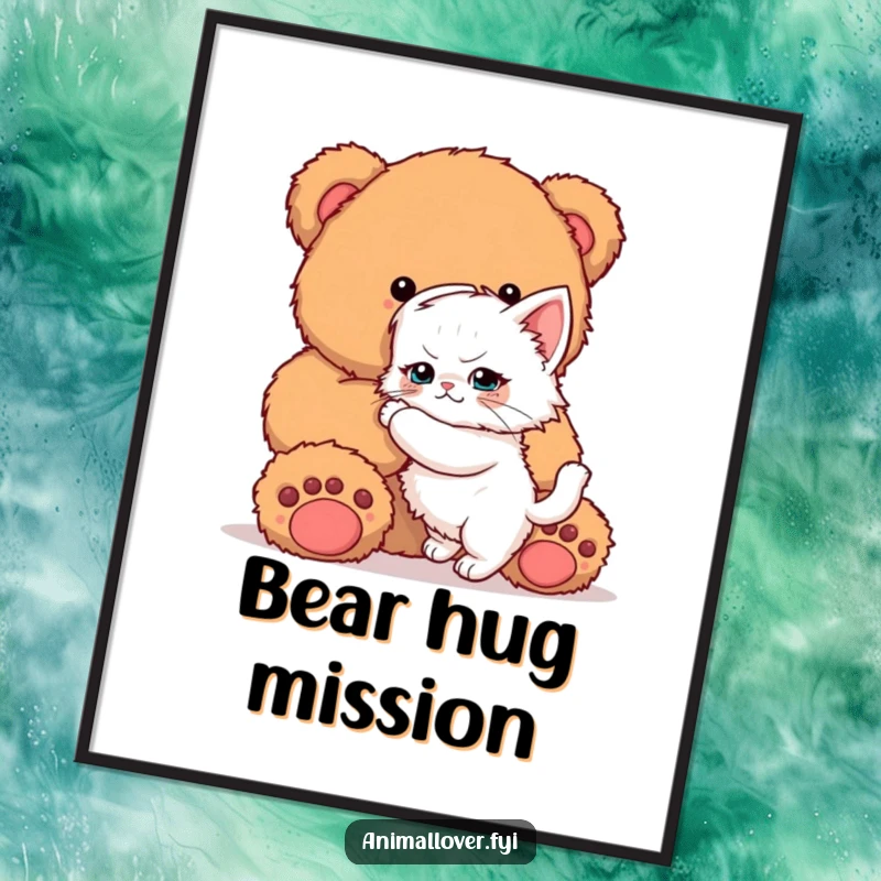 Funny Kitten Digital Art: A downloadable artwork of a determined kitten trying to hug an oversized teddy bear.