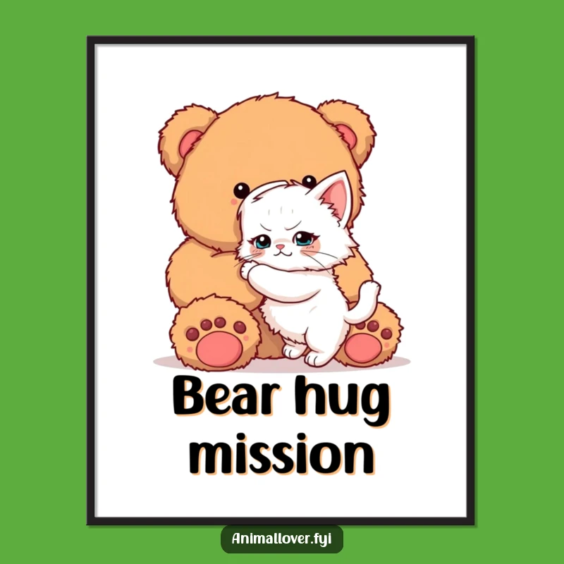 Funny Kitten Teddy Bear Digital Print: Instant Determined Hug Download - Wall Art Gift