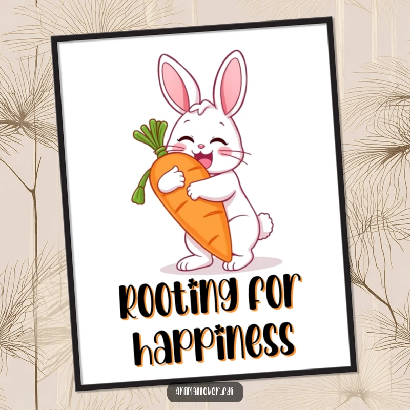 Funny digital art print of a joyful bunny hugging a massive carrot, perfect for instant decoration. Humorous wall art.