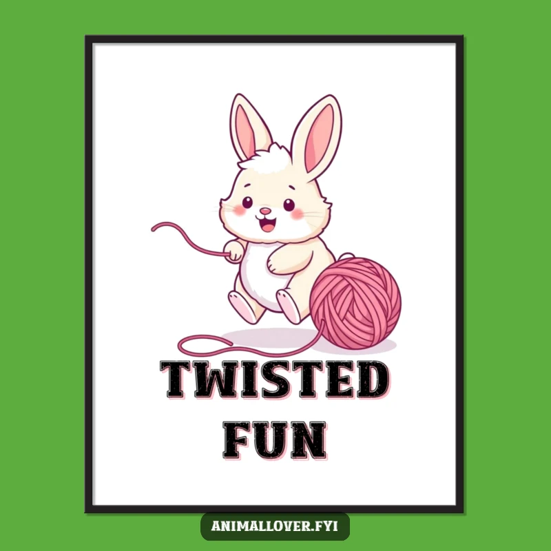 Funny Bunny Yarn Chase Digital Art - Instant Playful Download, Perfect Funny Gift