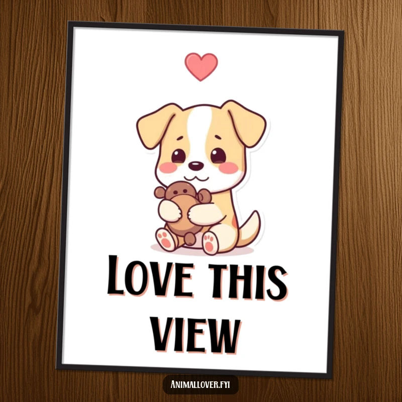 Funny dog digital art print of a pup embracing its toy, heart emblem above, ready to be printed and displayed for instant cheer.