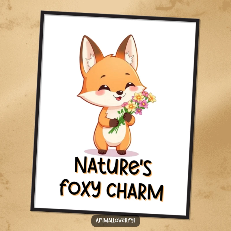 Funny digital art print of a cheerful fox holding flowers, bringing woodland charm instantly. Whimsical wall decor.
