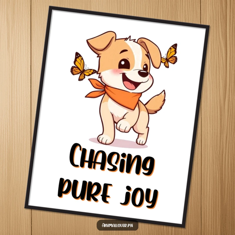 Funny digital art print of a happy dog wearing a bandana, wagging its tail with pure delight while chasing a butterfly.