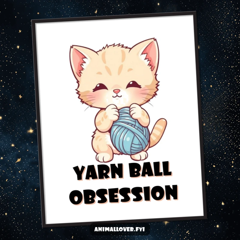 Funny digital art print of a cute kitten energetically batting at a dangling ball of yarn. Instant, charming wall art for cat lovers.