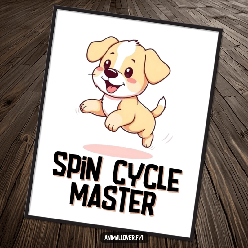 Funny puppy digital art print showing a dog in a delightful, dizzying chase after its own tail, full of mirth.