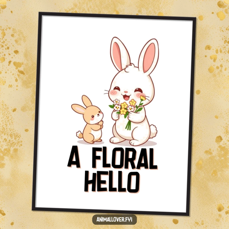 Funny Rabbit Digital Art: A downloadable artwork of a cheerful rabbit offering a bouquet of tiny flowers.