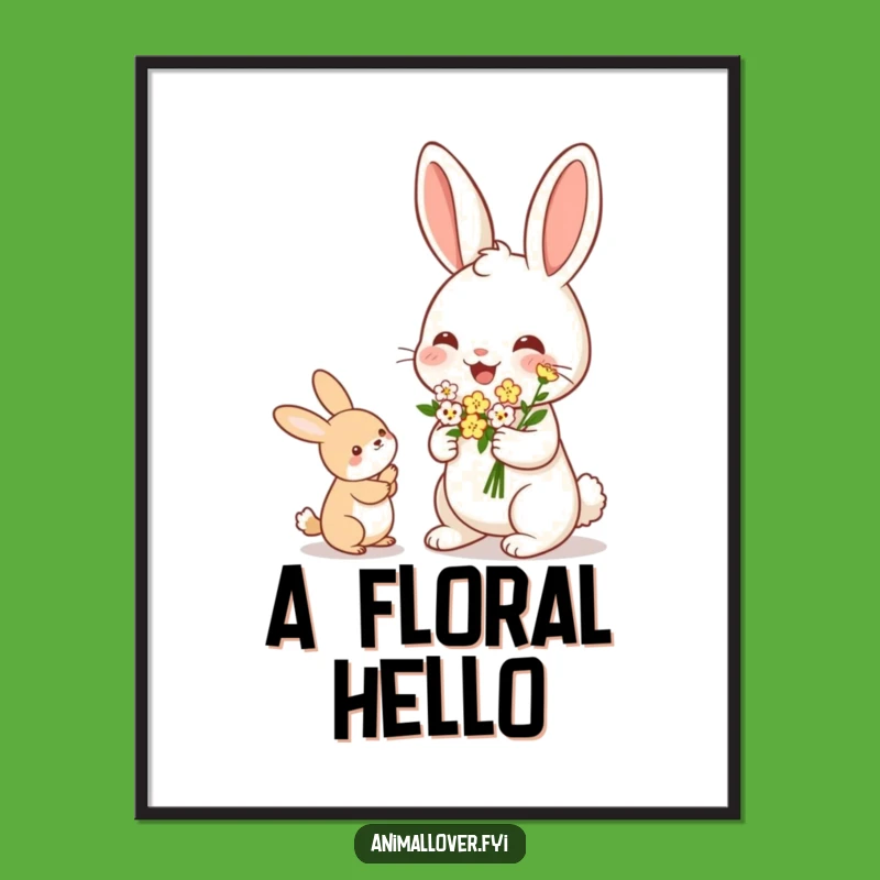 Funny Rabbit Flower Offering Digital Print: Instant Cheerful Download - Wall Art Gift