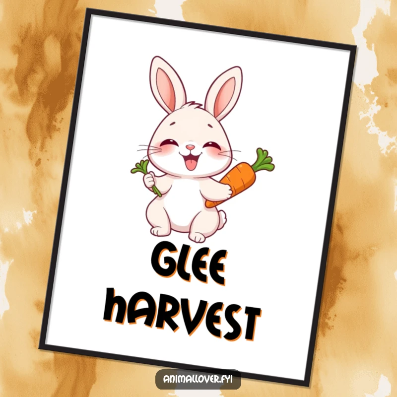 Funny digital art print of a joyful rabbit giggling intensely while holding a carrot, full of happiness.