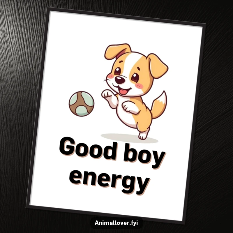 Funny digital art print of a dog character excitedly fetching a ball, tail wagging, radiating pure canine joy and enthusiasm.