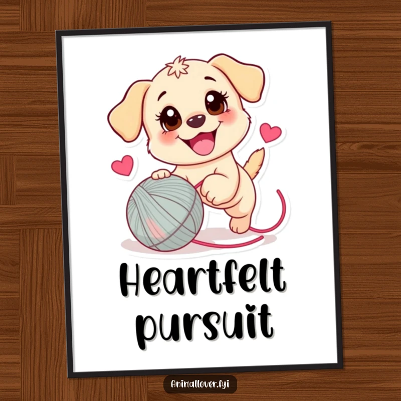 Funny Puppy Digital Art: A downloadable artwork of a playful puppy with wide eyes chasing a heart-decorated yarn ball.