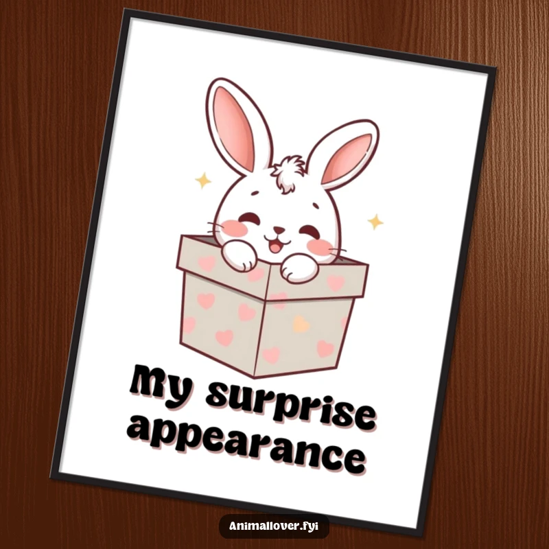 Funny rabbit peeking from a gift box in a charming digital art print, ready to bring smiles, a funny decor gift.