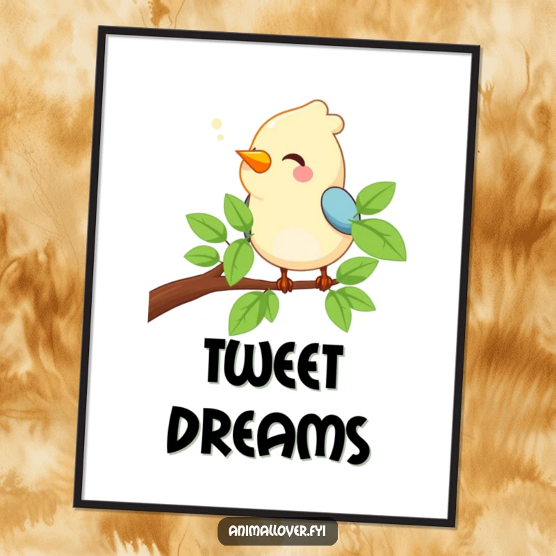Funny Bird Digital Art Print of a happy bird perched on a branch, joyfully singing a sweet and cheerful melody.