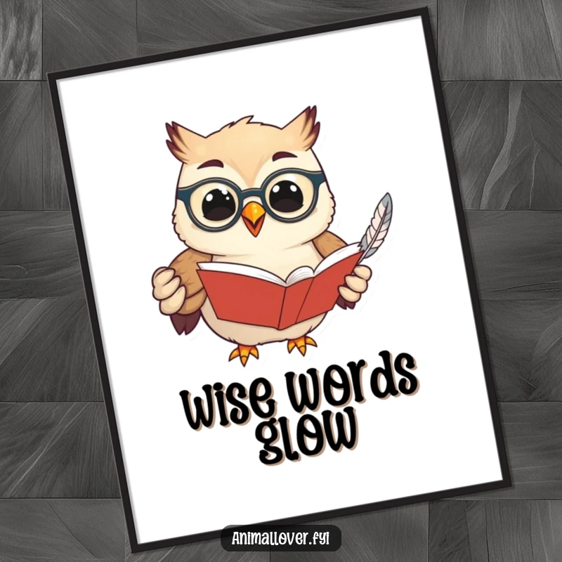 Funny digital art print of a scholarly owl wearing spectacles, holding a book and feather, bringing intellectual charm and humor to any space.