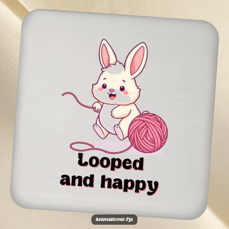 Funny bunny coasters featuring a lively rabbit chasing a ball of yarn, designed to protect surfaces with a dose of cute and humorous energy.