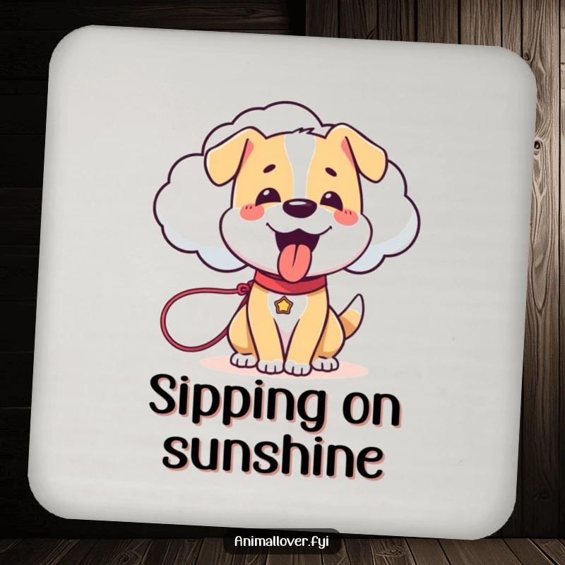 Funny Dog Coaster: A set of coasters featuring a happy dog holding a leash attached to a sentient cloud.