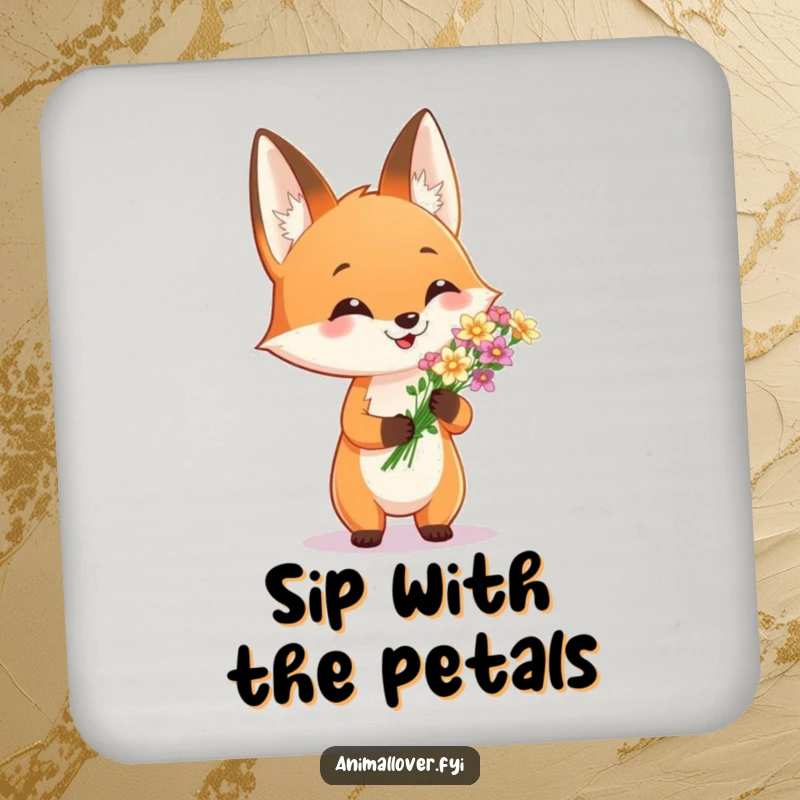 Funny drink coaster with a proud fox presenting flowers, adding humor and charm to any surface. A delightful housewarming gift.