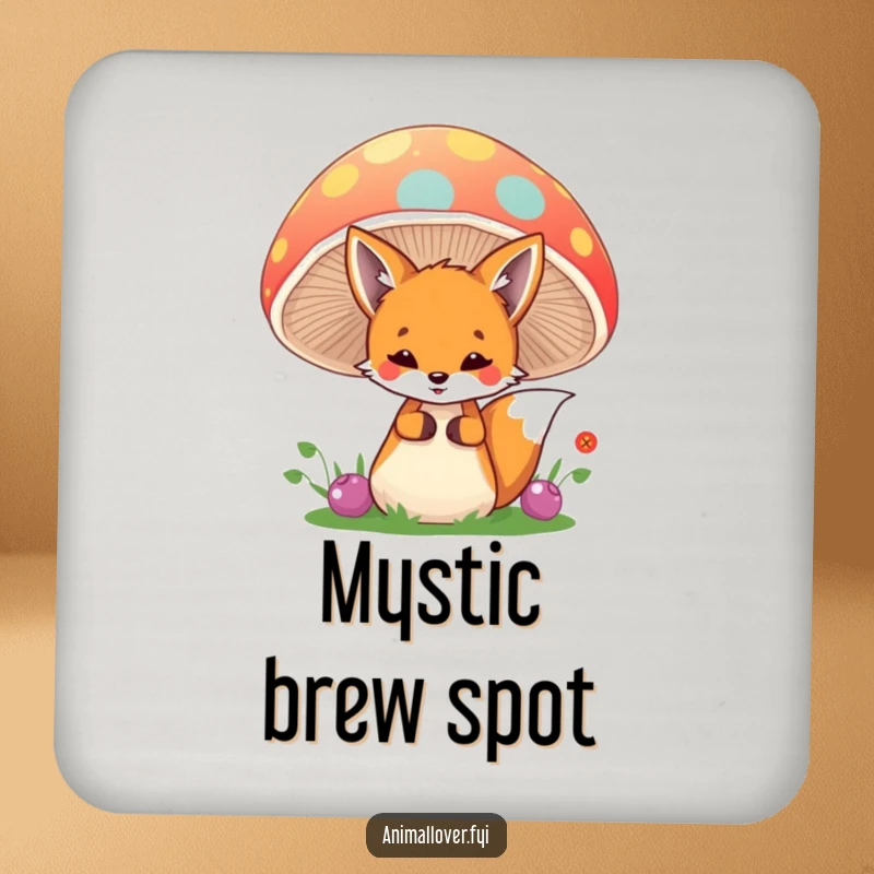 Funny fox drink coaster showcasing a playful fox peeking from behind a mushroom, protecting surfaces with woodland charm.