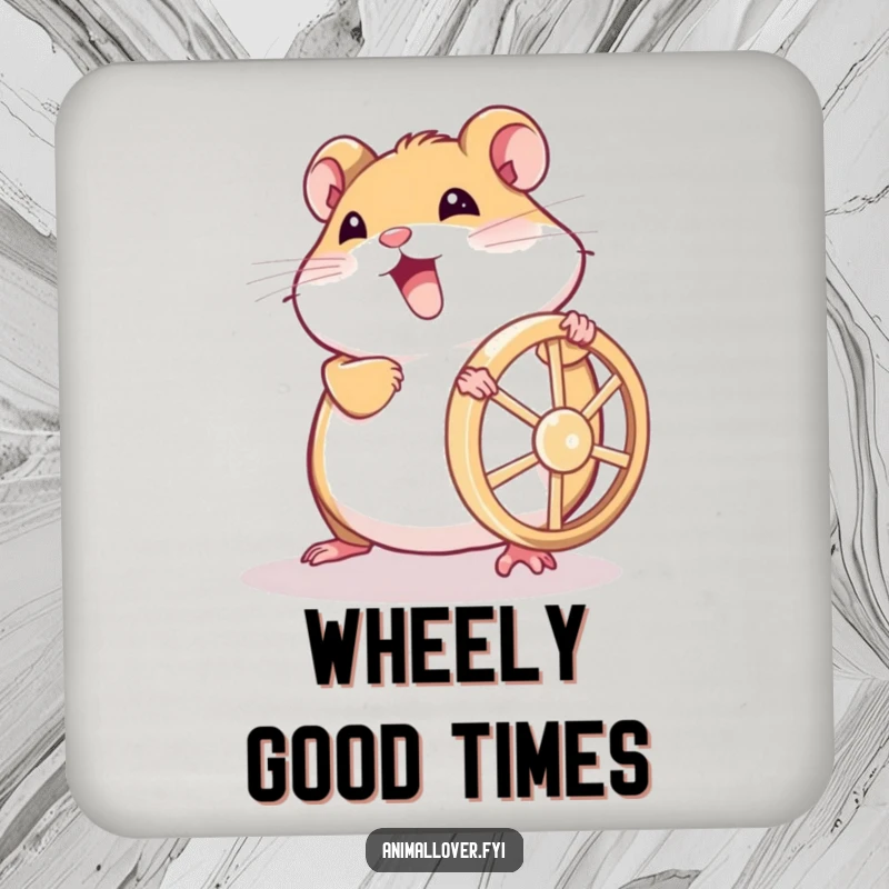 Funny hamster drink coaster showing a determined rodent pushing its wheel, protecting surfaces with a humorous fitness theme.
