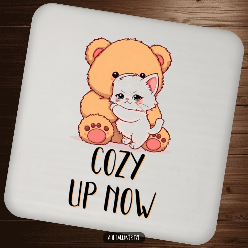 Funny Kitten Coaster: A set of coasters featuring a determined kitten attempting to hug a giant teddy bear.