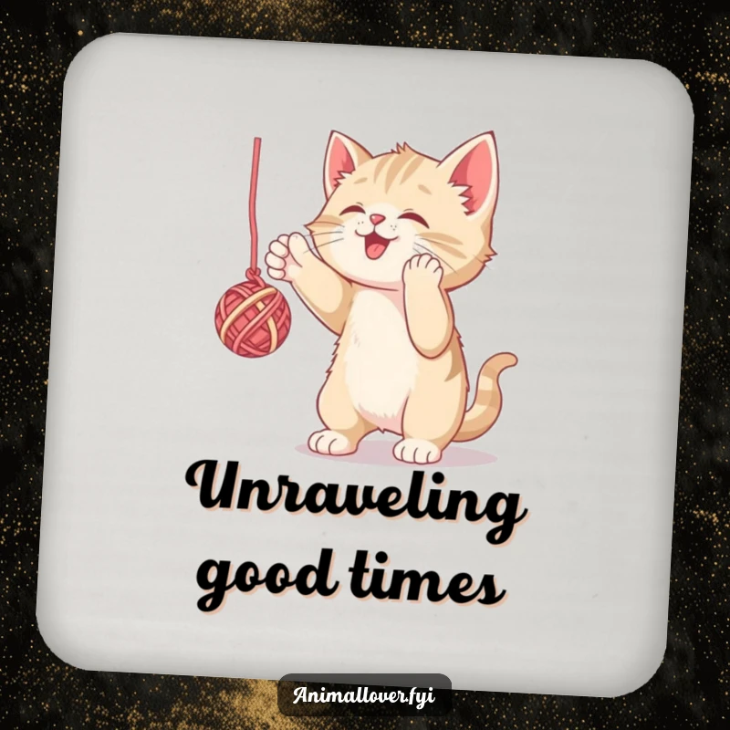 Funny drink coaster with a kitten playing with yarn, adding humor to any surface. A delightful housewarming gift.