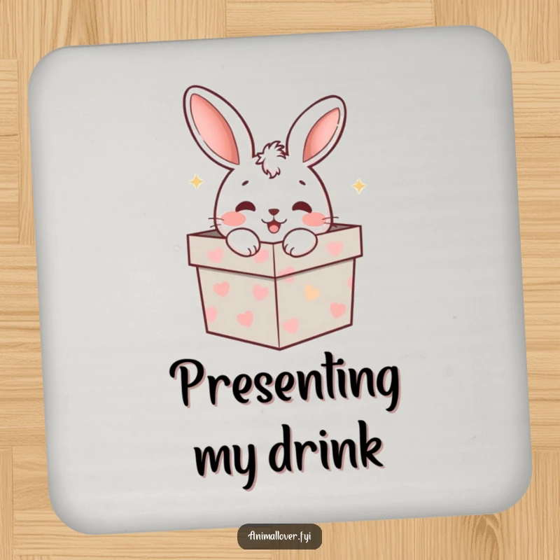Funny rabbit peeking from a gift box on a drink coaster, a protective and funny addition to any table.