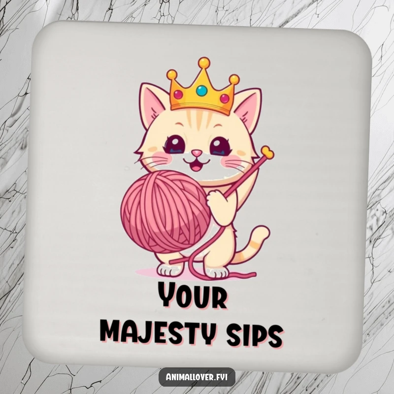 Funny drink coaster with a crowned cat triumphantly holding a giant ball of yarn, adding regal flair.