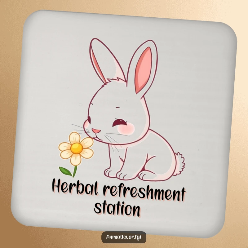 Funny rabbit drink coaster showcasing a curious bunny sniffing a flower, its nose twitching, adding charm to any table.