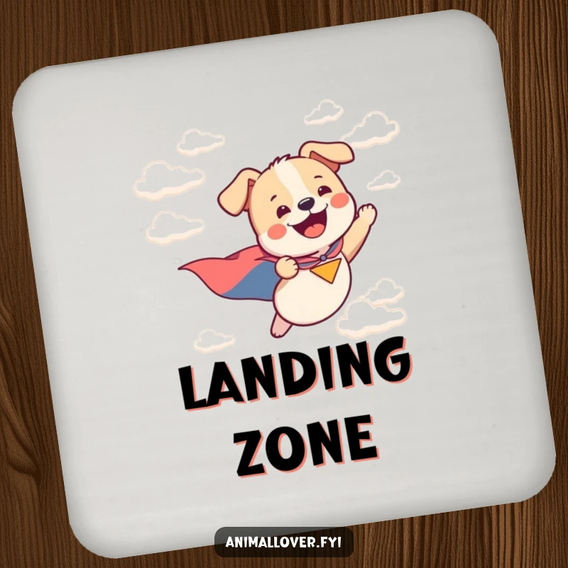 Funny drink coasters featuring a dog with a cape flying through clouds, adding a humorous touch to tabletops.