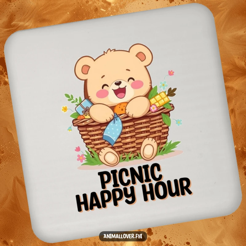 Funny drink coaster with a joyful bear cub hugging an overflowing picnic basket.