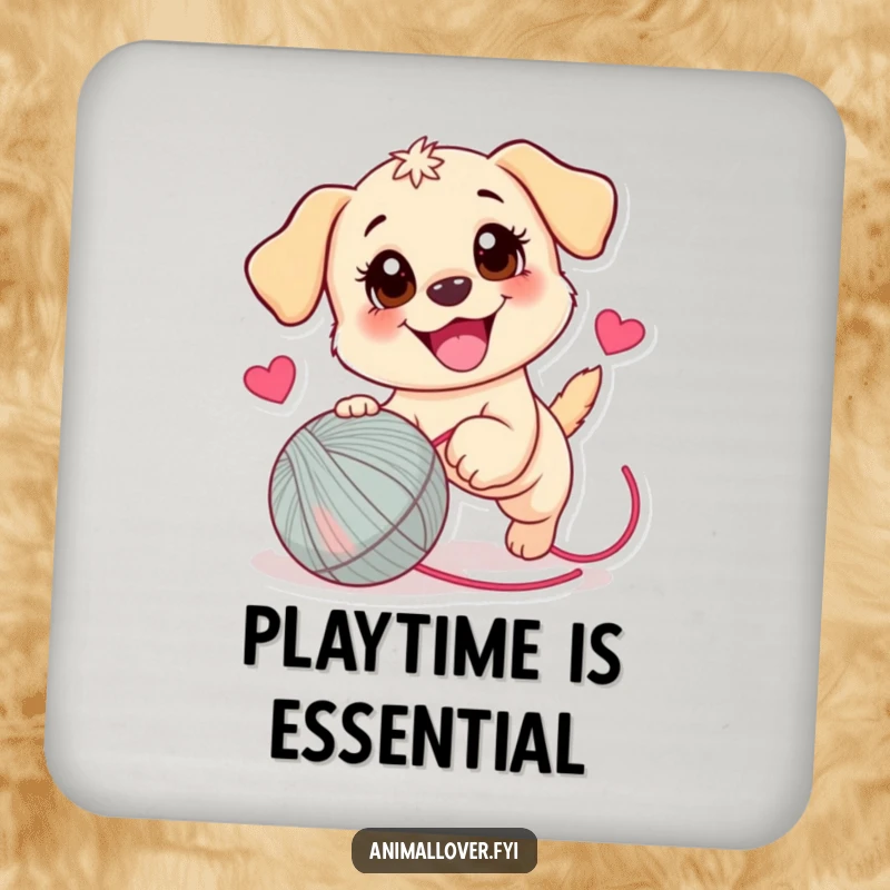 Funny Puppy Coaster: A set of coasters featuring a joyful puppy comically chasing a yarn ball with a heart.