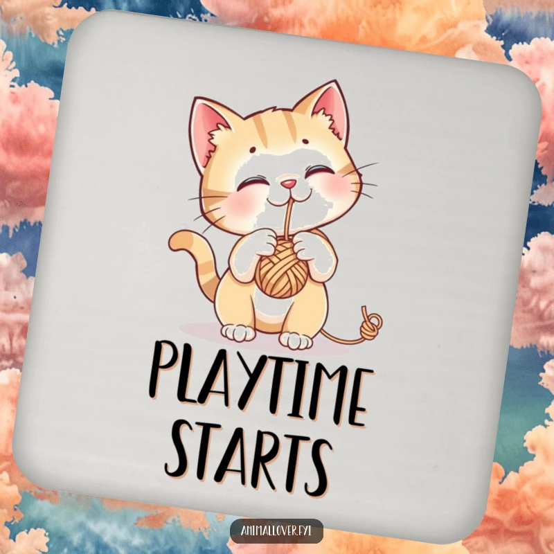 Funny drink coasters featuring a curious cat batting at a dangling ball of yarn, adding humor to tabletops.
