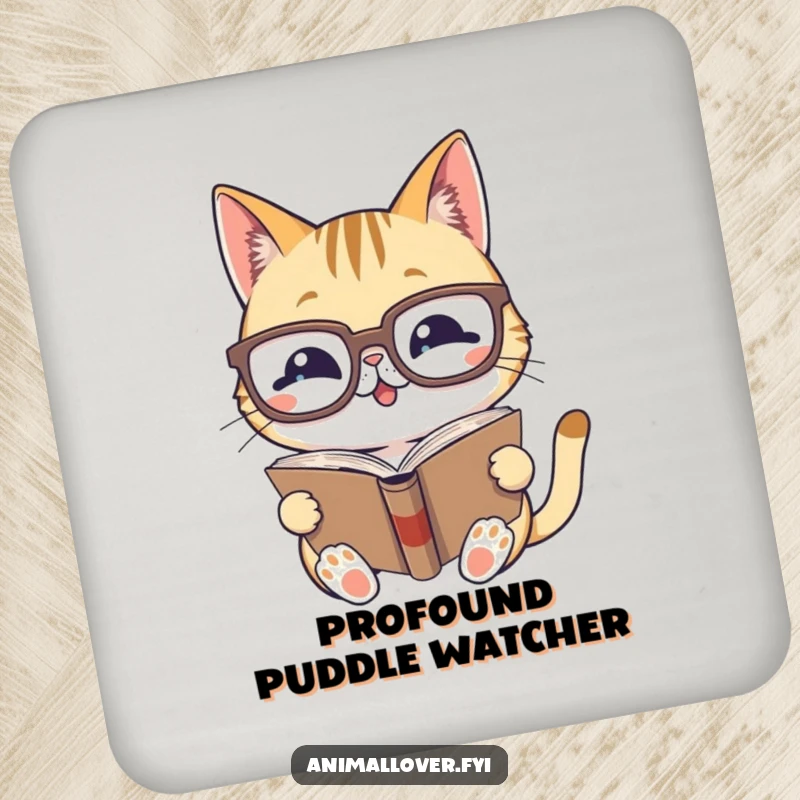 Funny drink coaster with a gleeful cat wearing oversized glasses, reading a book, protecting surfaces with humor.