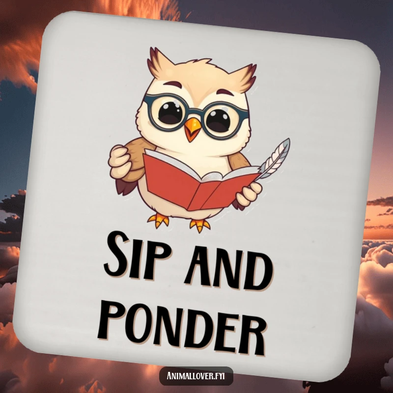 Funny drink coaster featuring a wise owl in spectacles, holding a book and feather, offering protection and a hint of scholarly humor.