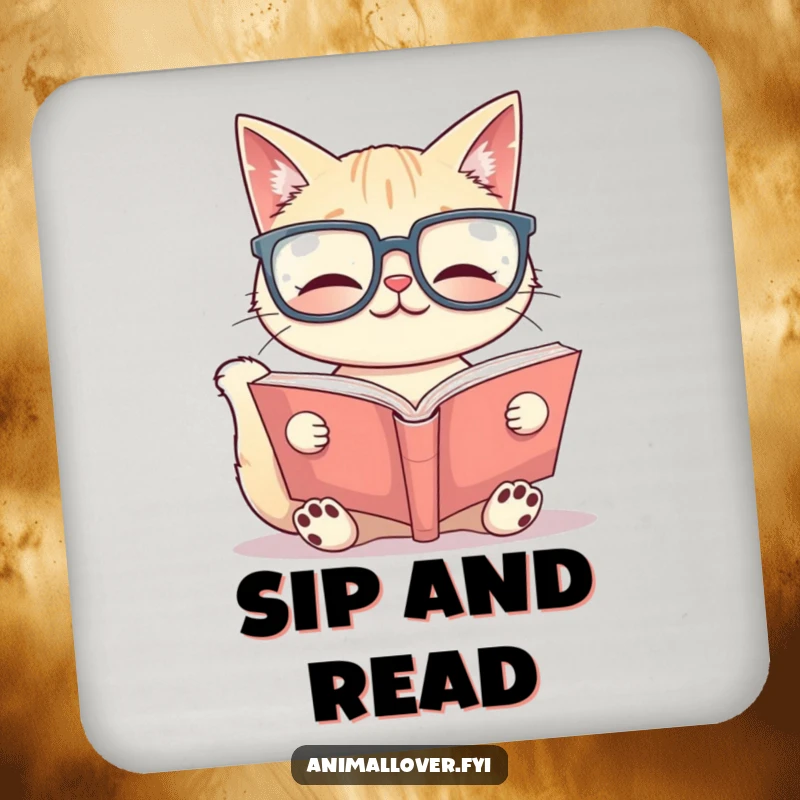 Funny Coaster: A cat wearing large glasses reads a big book, protecting surfaces with scholarly charm and literary humor.