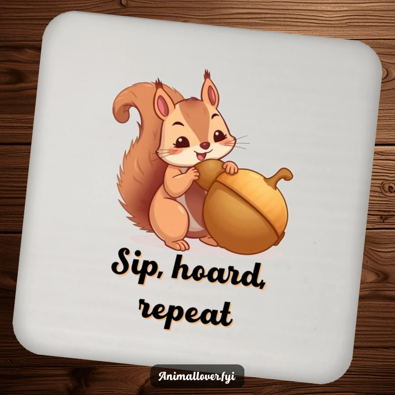 Funny drink coaster with a squirrel hoarding an acorn, adding humor and charm to any surface. A delightful housewarming gift.