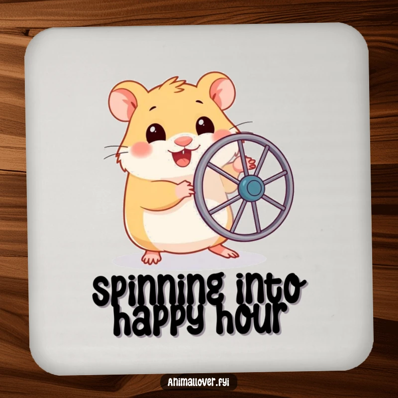 Funny coaster with a smiling hamster holding a miniature toy wheel, representing a cute and functional addition to any table.