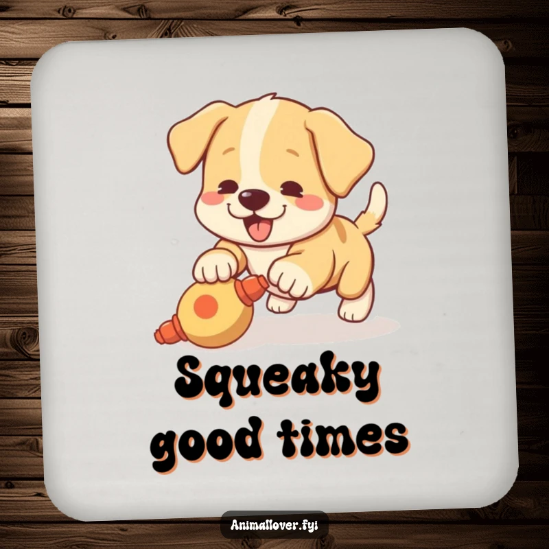 Funny drink coaster with a playful puppy wagging its tail and pouncing on a squeaky toy.