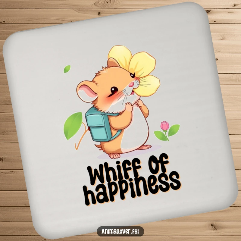 Funny Hamster Coaster: A set of coasters featuring a curious hamster wearing a backpack and sniffing a large, vibrant flower.