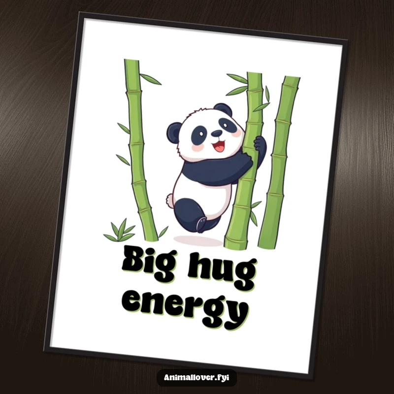 Funny Poster of a playful panda attempting to hug a giant bamboo stalk, creating a scene of charming determination.