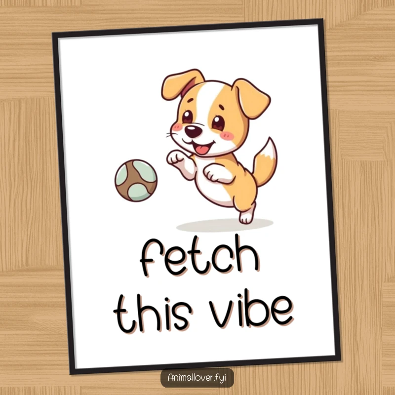 Funny poster illustration of a dog character excitedly fetching a ball, tail wagging, radiating pure canine enthusiasm. Playful dog art.