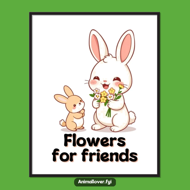 Funny Rabbit Flower Offering Poster: Cheerful Kindness Art - Garden Decor - Perfect Gift