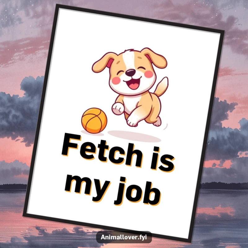 Funny Poster art of a playful dog with a furiously wagging tail chasing a bouncing ball, embodying pure canine delight.