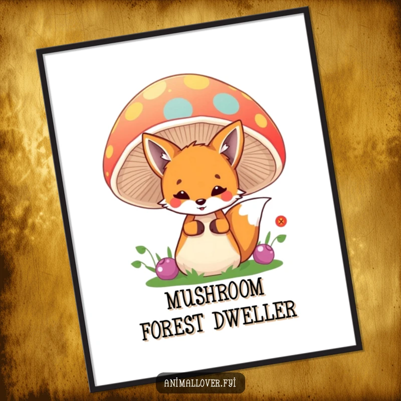 Funny fox poster showing a playful creature peeking from behind a large, colorful mushroom, evoking a sense of wonder and fun.